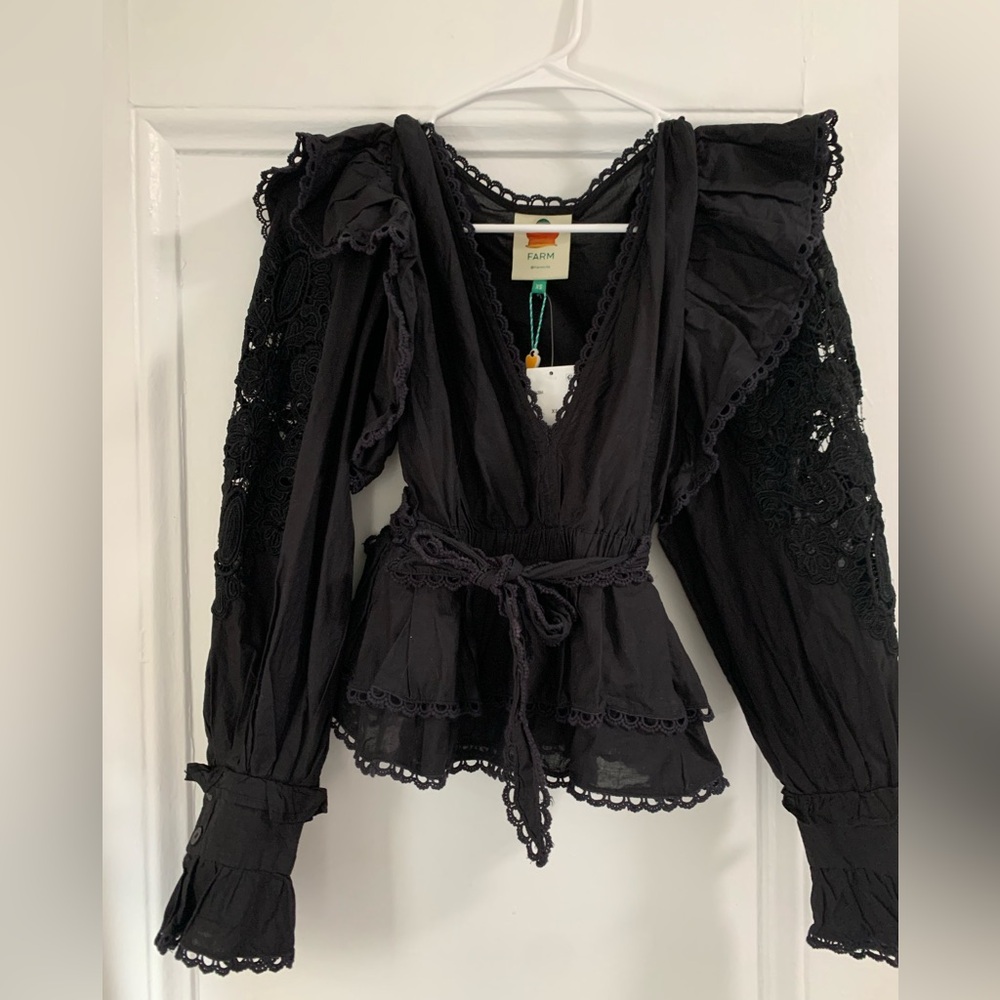 NWT - FARM Rio Cotton Long Sleeve Ruffle V Neck Top XS - Picture 2 of 4